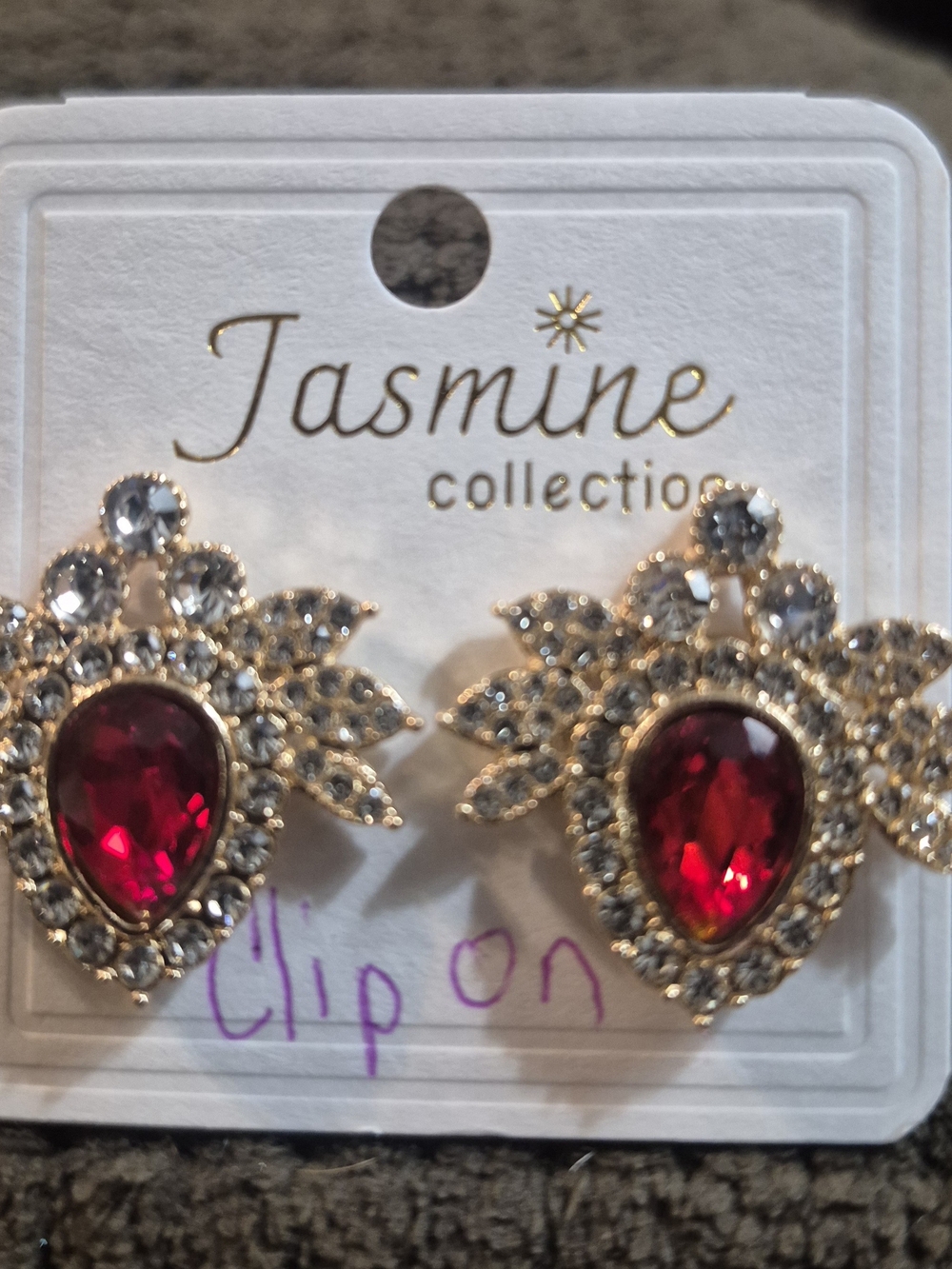 Jasmine Red Teardrop Crystal Clip-On Earrings